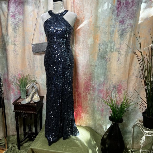 📌Morgan & Co. Eyecatcher Blue Sequin Halter Neckline Prom - Ball - Party Gown - Picture 1 of 16